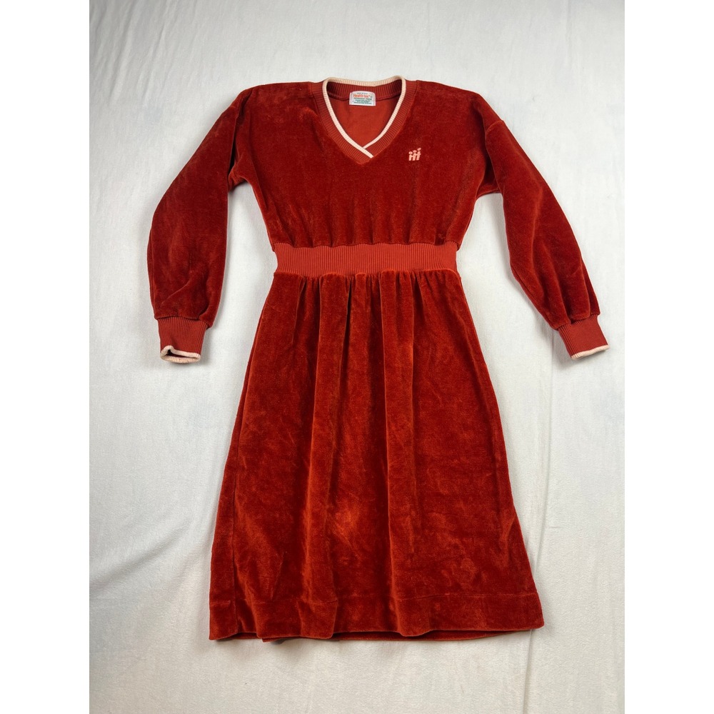 Vintage Health-tex Girls Velour Dress Rust Orange V-Neck Long Sleeve Size 12 USA